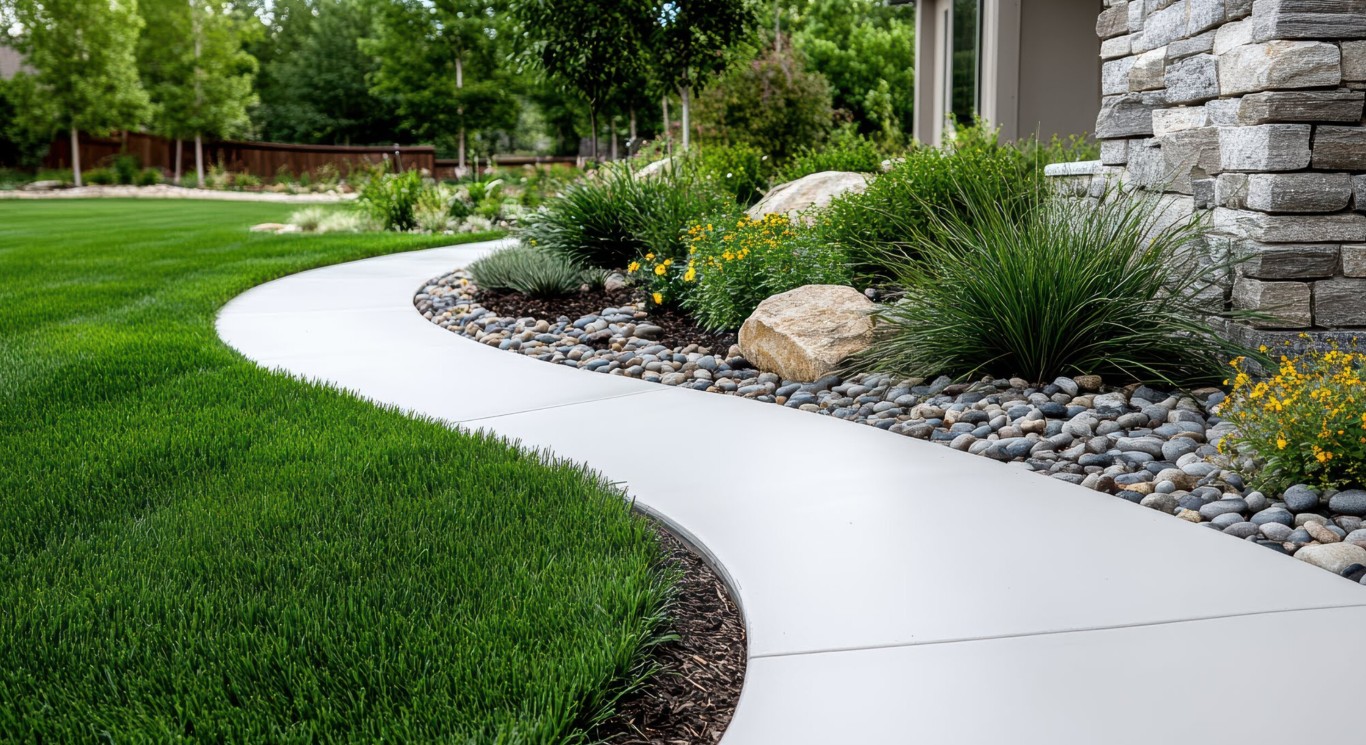 Curved concrete walkway with professional landscaping in Calexico, CA